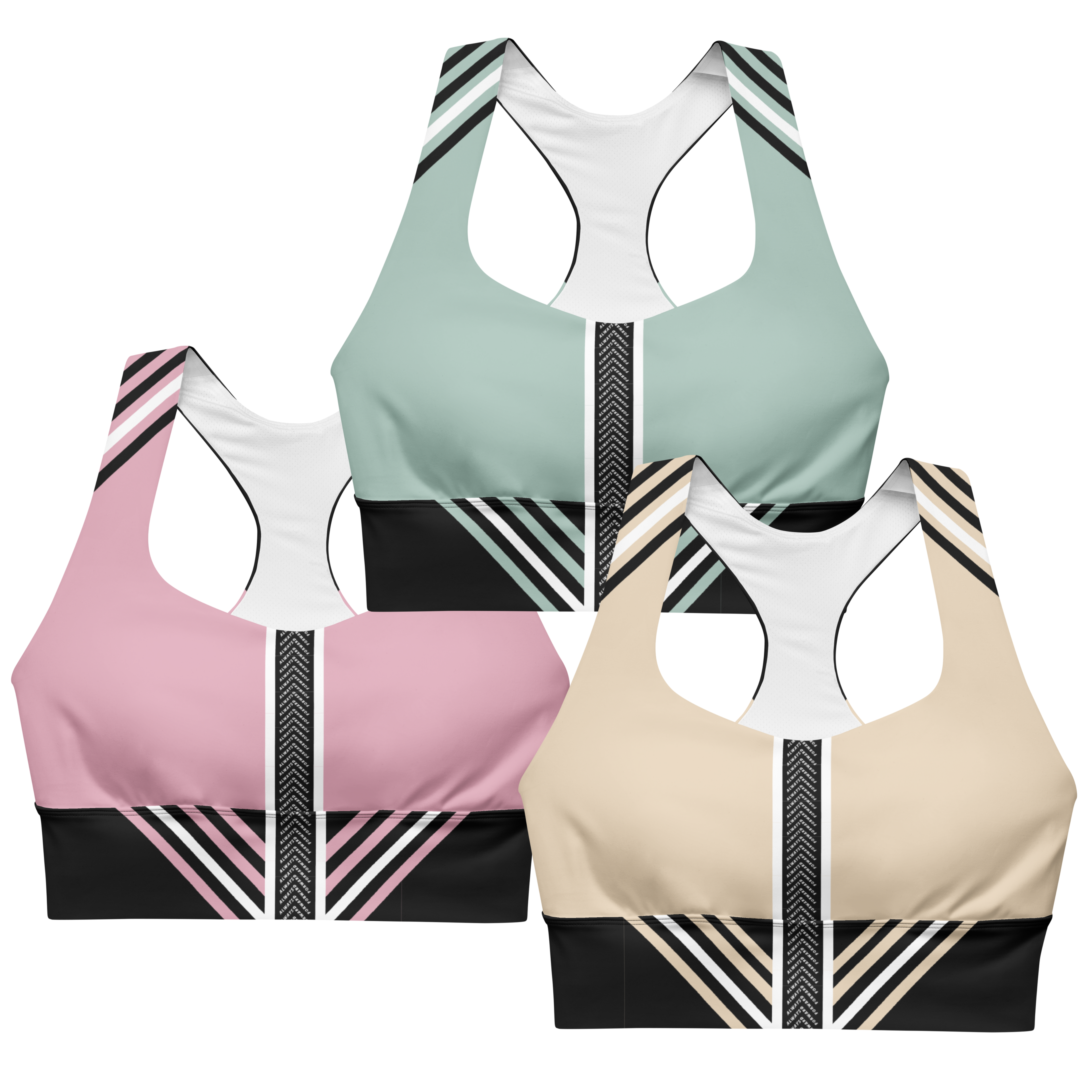 Three colorways of the Power Line Performance Bra by Shaun T Apparel, featuring structured colorblock design in blush pink, sage green, and sand. Racerback cut with bold stripe detailing for a supportive, flattering fit.